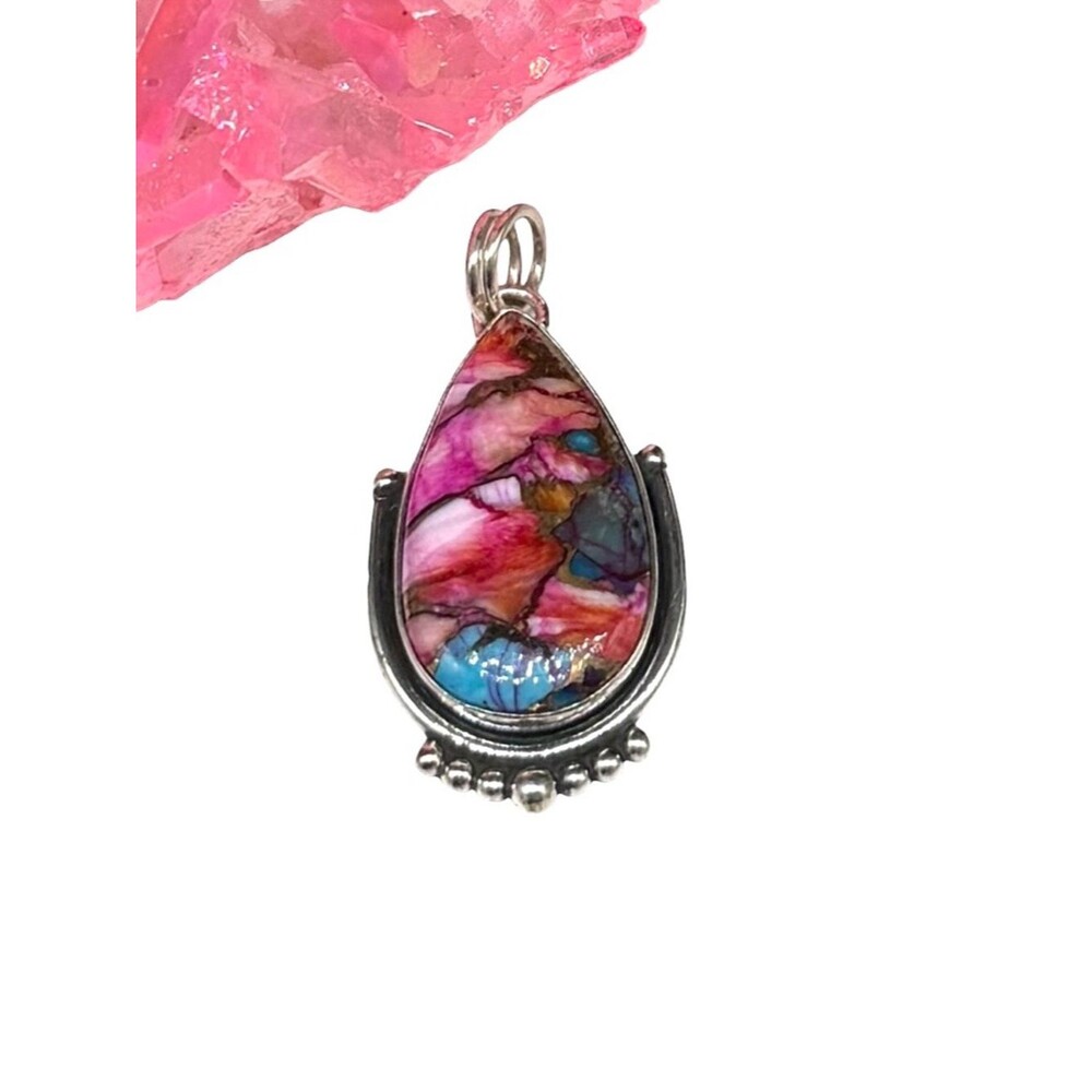 Kingman Pink Dahlia Turquoise Necklace Pendant Chunky Teardrop